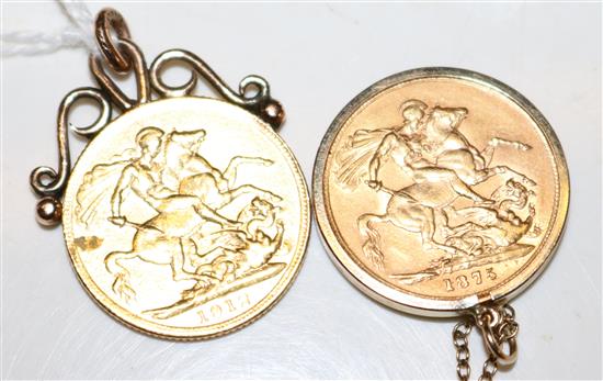 Two gold sovereigns, 1875 and 1912, both with 9ct gold mounts